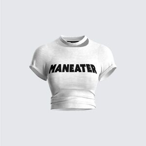 White Cropped T-Shirt with Black 'MANEATER' Print